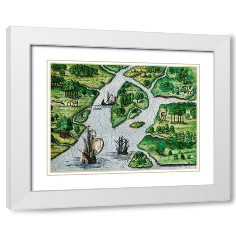 Port Royal-South Carolina illustration from Grand voyages 1596 White Modern Wood Framed Art Print with Double Matting by Bry, Theodor de