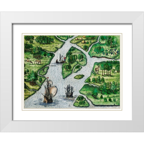 Port Royal-South Carolina illustration from Grand voyages 1596 White Modern Wood Framed Art Print with Double Matting by Bry, Theodor de