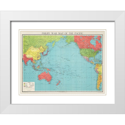 Philips war map of the Pacific 1945 White Modern Wood Framed Art Print with Double Matting by George Philip and Son Limited