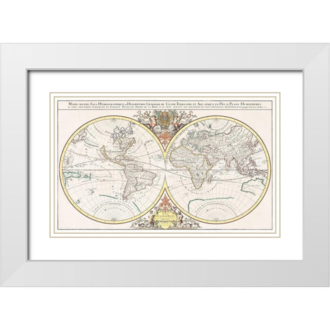 General description of the terrestrial and aquatic globe in two hemispherical planes 1691 White Modern Wood Framed Art Print with Double Matting by Jaillot, Alexis Hubert