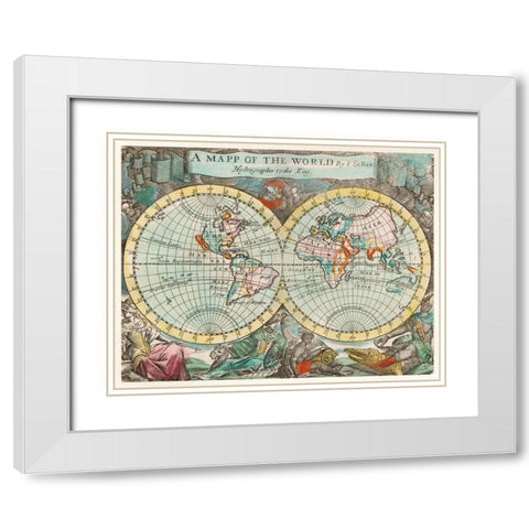 A mapp of the world 1682 White Modern Wood Framed Art Print with Double Matting by Playford, John