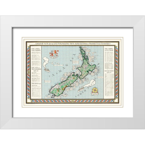 A Map of New Zealand 1913 White Modern Wood Framed Art Print with Double Matting by Gil, MacDonald