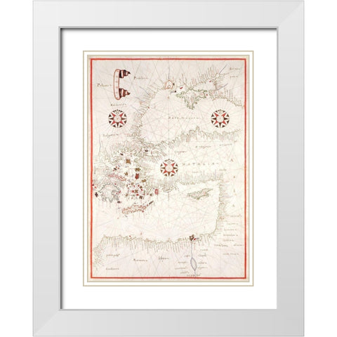 Portolan atlas of the Mediterranean Sea-Eastern Mediterranean 1590 White Modern Wood Framed Art Print with Double Matting by Oliva, Joan