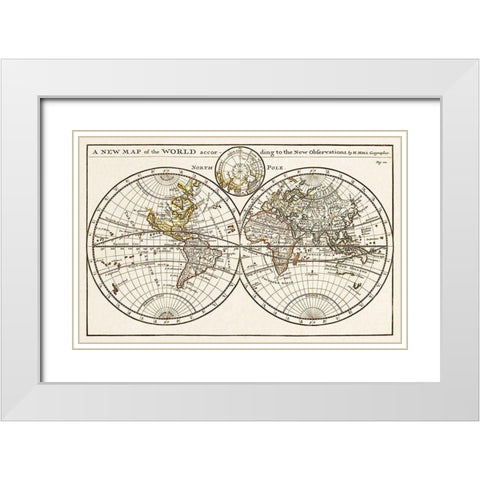 A new map of the world according to the new observations 1732 White Modern Wood Framed Art Print with Double Matting by Moll, Herman