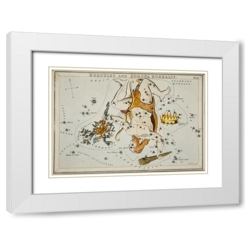 Astronomical chart illustration of the Hercules and the Corona Borealis White Modern Wood Framed Art Print with Double Matting by Hall, Sidney