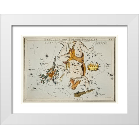 Astronomical chart illustration of the Hercules and the Corona Borealis White Modern Wood Framed Art Print with Double Matting by Hall, Sidney