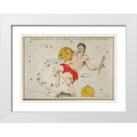 Astronomical chart illustration of the Zodiacs Aquaris-Piscis Australis and Ballon Aerostatique White Modern Wood Framed Art Print with Double Matting by Hall, Sidney