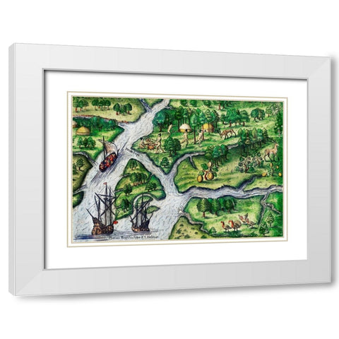 Port Royal-South Carolina illustration from Grand voyages 1596 White Modern Wood Framed Art Print with Double Matting by Bry, Theodor de