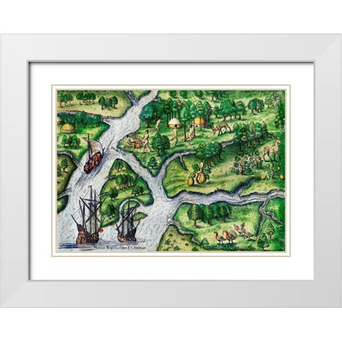 Port Royal-South Carolina illustration from Grand voyages 1596 White Modern Wood Framed Art Print with Double Matting by Bry, Theodor de