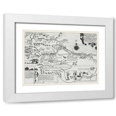 America map from Grand voyages 1596 White Modern Wood Framed Art Print with Double Matting by Bry, de Theodor