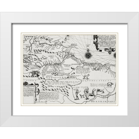 America map from Grand voyages 1596 White Modern Wood Framed Art Print with Double Matting by Bry, de Theodor
