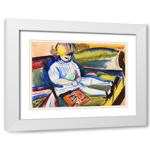 Child on Sofa White Modern Wood Framed Art Print with Double Matting by Sayen, Henry Lyman