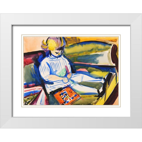 Child on Sofa White Modern Wood Framed Art Print with Double Matting by Sayen, Henry Lyman