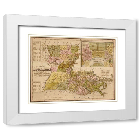 Louisiana 1844 White Modern Wood Framed Art Print with Double Matting by Vintage Maps