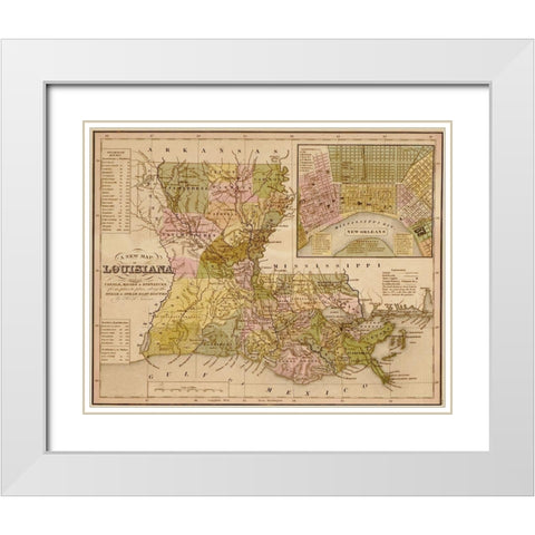 Louisiana 1844 White Modern Wood Framed Art Print with Double Matting by Vintage Maps