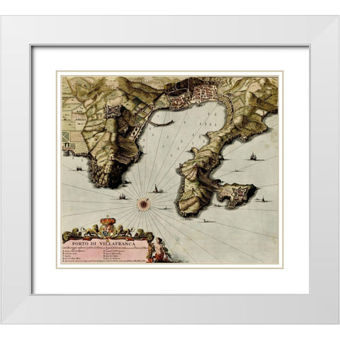 Villa Franca on the Mediterranean 1700 White Modern Wood Framed Art Print with Double Matting by Vintage Maps