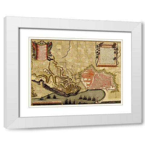 Barcelona Spain Defenses 1700 White Modern Wood Framed Art Print with Double Matting by Vintage Maps