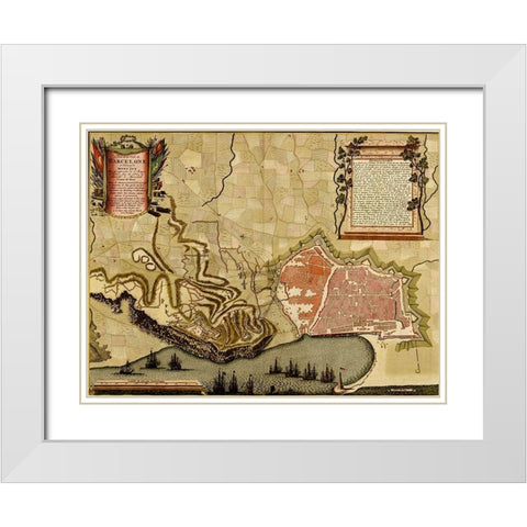 Barcelona Spain Defenses 1700 White Modern Wood Framed Art Print with Double Matting by Vintage Maps
