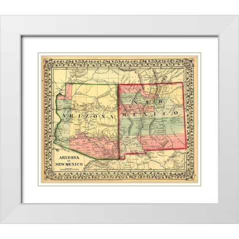 Arizona and New Mexico 1867 White Modern Wood Framed Art Print with Double Matting by Vintage Maps