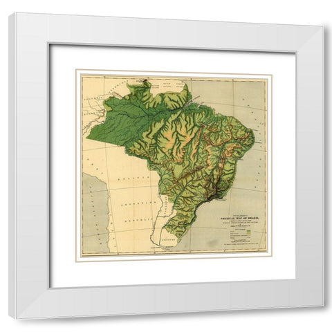 Physical Map of Brazil-the Amazon and Its tributaries 1886 White Modern Wood Framed Art Print with Double Matting by Vintage Maps