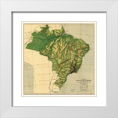 Physical Map of Brazil-the Amazon and Its tributaries 1886 White Modern Wood Framed Art Print with Double Matting by Vintage Maps