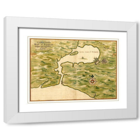 Cuba Santiago Bay White Modern Wood Framed Art Print with Double Matting by Vintage Maps