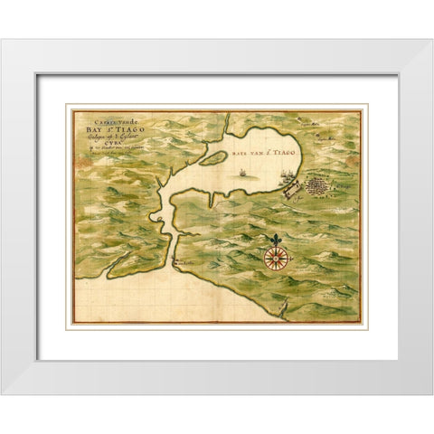 Cuba Santiago Bay White Modern Wood Framed Art Print with Double Matting by Vintage Maps