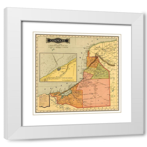 Campeche 1844 White Modern Wood Framed Art Print with Double Matting by Vintage Maps