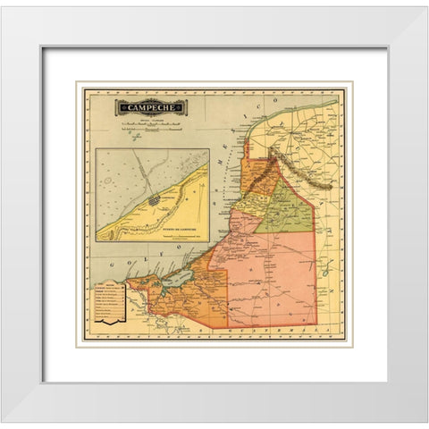 Campeche 1844 White Modern Wood Framed Art Print with Double Matting by Vintage Maps