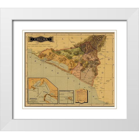 Colima 1844 White Modern Wood Framed Art Print with Double Matting by Vintage Maps