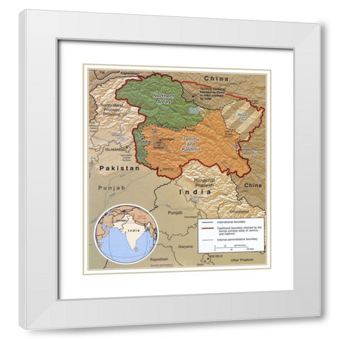 Disputed Area of Kashmir 2002 White Modern Wood Framed Art Print with Double Matting by Vintage Maps