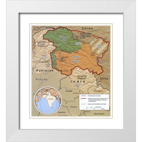 Disputed Area of Kashmir 2002 White Modern Wood Framed Art Print with Double Matting by Vintage Maps