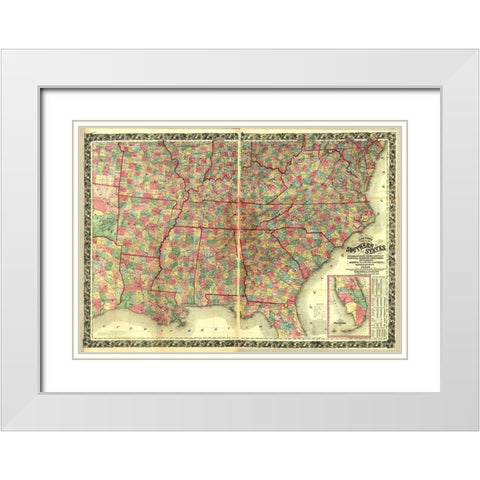Southern States White Modern Wood Framed Art Print with Double Matting by Vintage Maps