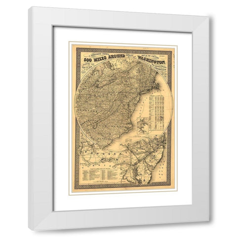 500 Miles Around Washington DC White Modern Wood Framed Art Print with Double Matting by Vintage Maps
