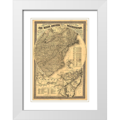 500 Miles Around Washington DC White Modern Wood Framed Art Print with Double Matting by Vintage Maps
