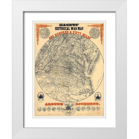 150 Miles Around Richmond 1864 White Modern Wood Framed Art Print with Double Matting by Vintage Maps
