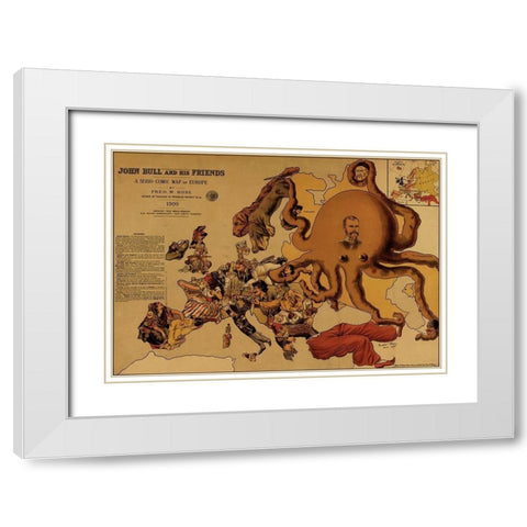 John Bull and his friends a comic map of Europe 1900 White Modern Wood Framed Art Print with Double Matting by Vintage Maps