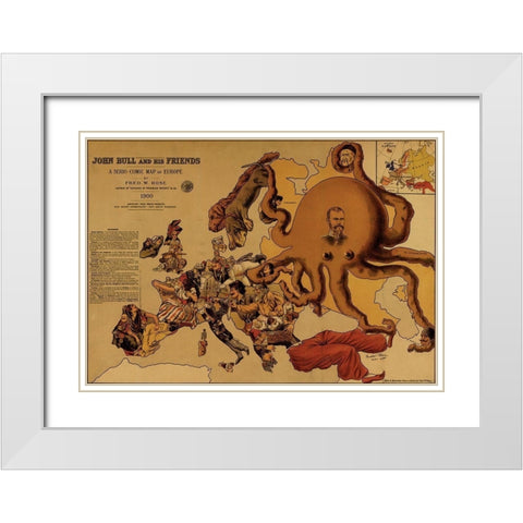 John Bull and his friends a comic map of Europe 1900 White Modern Wood Framed Art Print with Double Matting by Vintage Maps