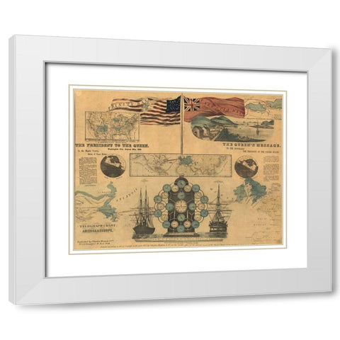 Telegraph Chart of America and Europe 1858 White Modern Wood Framed Art Print with Double Matting by Vintage Maps