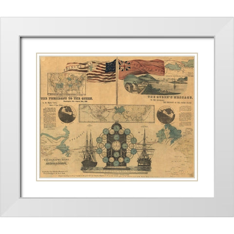 Telegraph Chart of America and Europe 1858 White Modern Wood Framed Art Print with Double Matting by Vintage Maps