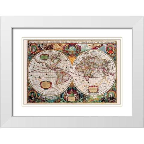Stereographic Map of the World White Modern Wood Framed Art Print with Double Matting by Hondius, Jodocus
