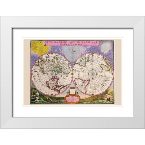 Novus Planiglobii Terrestris Per Utrumque Polum Conspectus Stereographic Map of the World White Modern Wood Framed Art Print with Double Matting by Blaeu, Joan