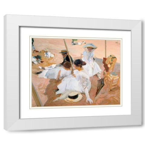 Under the awning-on the Beach at Zarauz White Modern Wood Framed Art Print with Double Matting by Sorolla, Joaquin