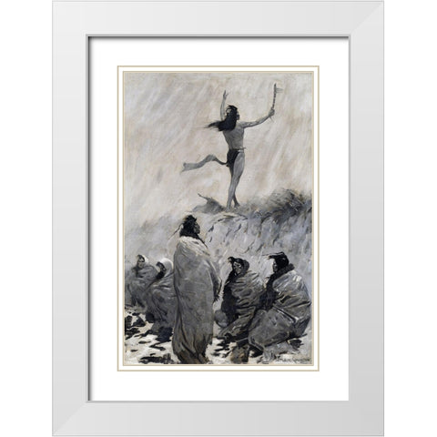 The Fire Eater Raised His Arms to the Thunder Bird White Modern Wood Framed Art Print with Double Matting by Remington, Frederic