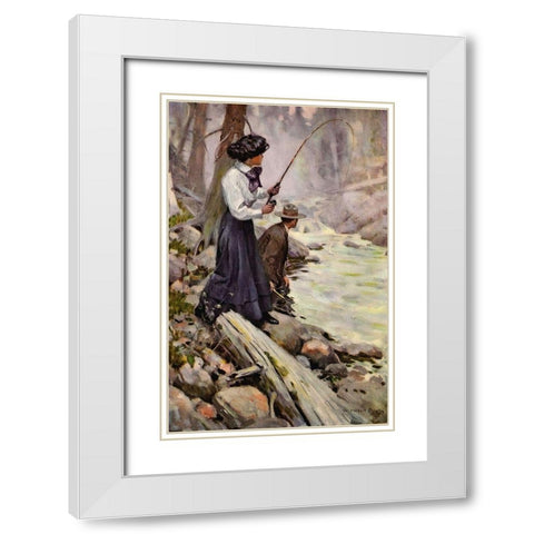 Lady Fishing from The Greater Power 1909 White Modern Wood Framed Art Print with Double Matting by Dunton, William