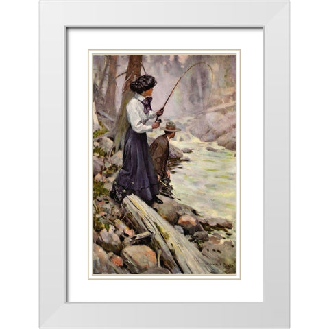 Lady Fishing from The Greater Power 1909 White Modern Wood Framed Art Print with Double Matting by Dunton, William