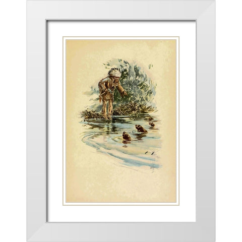 Indian and otters from The Song of Hiawatha 1906 White Modern Wood Framed Art Print with Double Matting by Fisher, Harrison