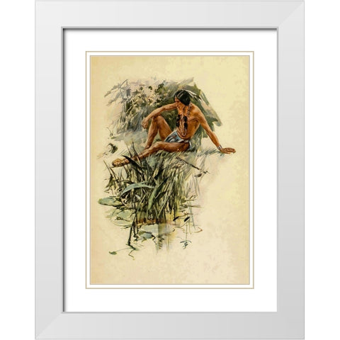 Indian by the river from The Song of Hiawatha 1906 White Modern Wood Framed Art Print with Double Matting by Fisher, Harrison