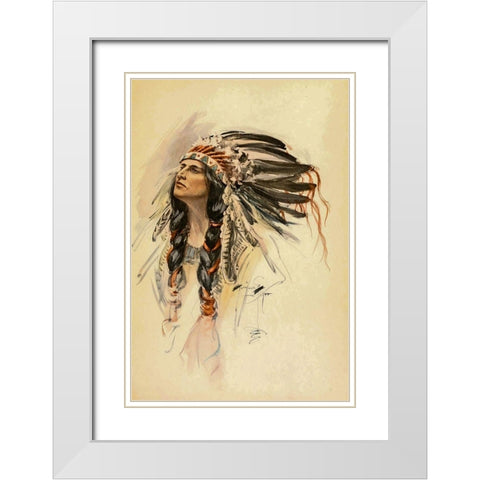 Indian with Head Dress from The Song of Hiawatha 1906 White Modern Wood Framed Art Print with Double Matting by Fisher, Harrison