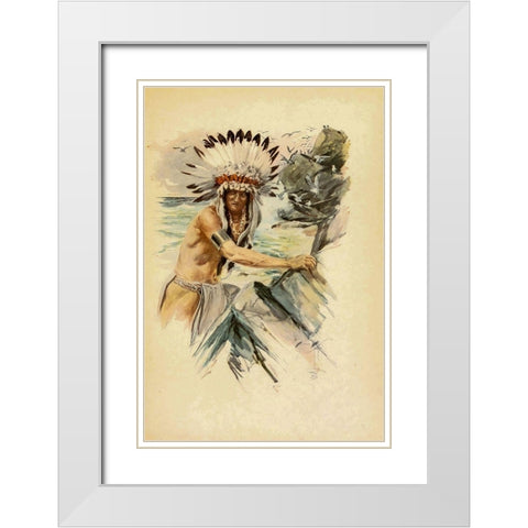Indian with Head Dress from The Song of Hiawatha 1907 White Modern Wood Framed Art Print with Double Matting by Fisher, Harrison